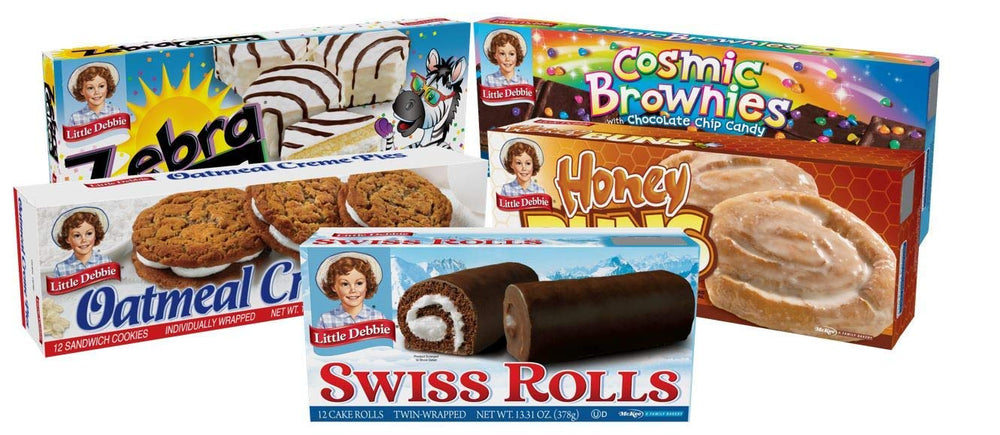 Little Debbie paquete surtido frontal con las cinco cajas visible, ideal para ofrecer variedad