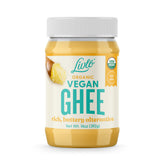 LIVLO ghee vegano vista frontal del tarro mostrando la marca y tamaño 14 oz, fácil almacenamiento
