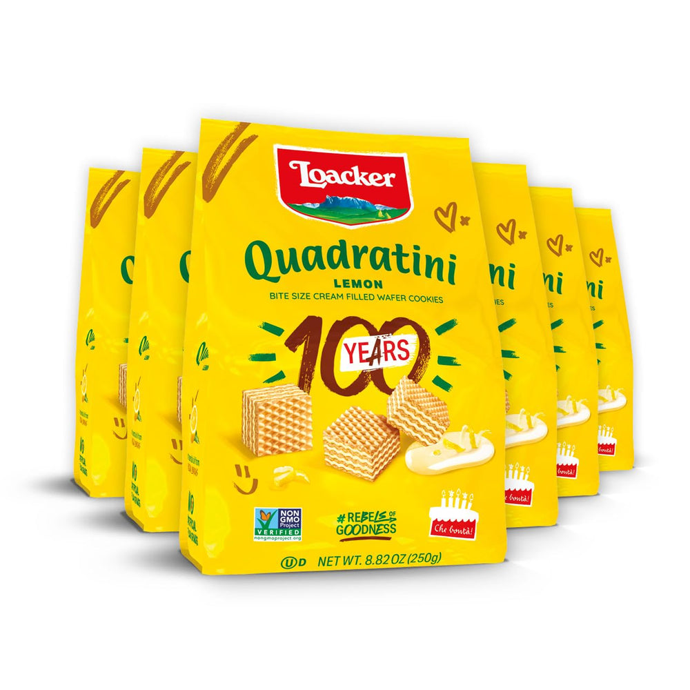 Loacker Quadratini Lemon frente del empaque mostrando marca y beneficio 30% menos azúcar
