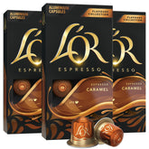 L'OR empaque frontal de cápsulas caramelo mostrando 30 unidades y facilidad de uso