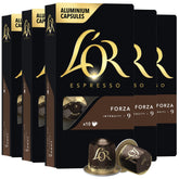 L'OR cápsulas Forza frontal paquete mostrando marca y cantidad, conveniencia de stock