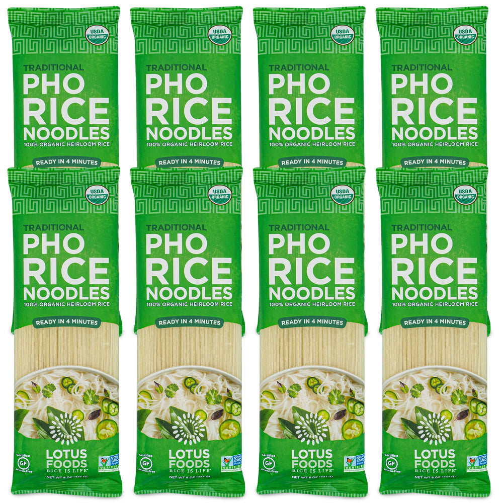 Lotus Foods empaque frontal del pho orgánico mostrando marca y beneficio sin gluten