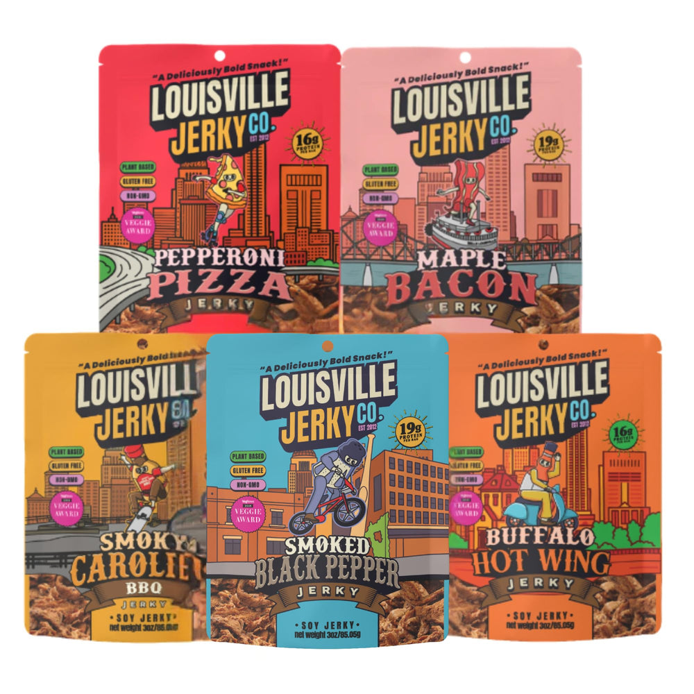 Louisville Vegan Jerky pack frontal mostrando cinco sabores y el empaque