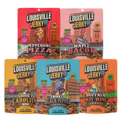 Louisville Vegan Jerky pack frontal mostrando cinco sabores y el empaque
