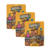 Louisville Vegan Jerky paquete frontales mostrando tres bolsas y diseño atractivo