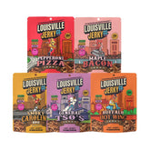 Louisville Vegan Jerky pack frontal muestra cinco sabores, conveniencia portátil