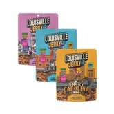 Louisville Vegan Jerky vista frontal del paquete mostrando los tres sabores y beneficio conveniencia