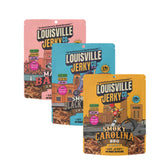 Louisville Vegan Jerky paquete frontal mostrando las tres bolsas y atractivo visual