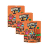 Louisville Vegan Jerky frente del empaque muestra sabor Buffalo y conveniencia