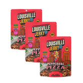 Louisville Vegan Jerky frente del paquete pepperoni pizza, presentación apetitosa y vegana