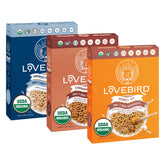 Lovebird frente de caja mostrando ingredientes limpios y orgánicos