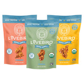 Lovebird frente del empaque mostrando sello orgánico y beneficio de proteína