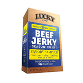 Lucky Beef Jerky caja frontal mostrando cuatro sabores y beneficios claros