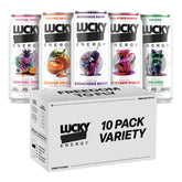 Lucky Energy lata frontal mostrando diseño y 200 mg cafeína para energía sostenida