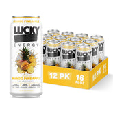 Lucky Energy lata frontal mostrando sabor mango piña y beneficio refrescante