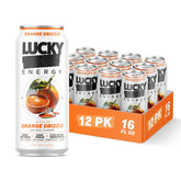 Lucky Energy lata Orange Drizzle vista frontal mostrando etiqueta y tamaño grande