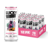 Lucky Energy lata Tropical Thrill vista frontal pack de 12, energía sin azúcar lista para llevar