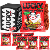 Lucky Ramen paquete frontal mostrando curry y beneficios proteicos