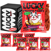 Lucky Ramen paquete frontal que muestra 6 porciones y conveniencia