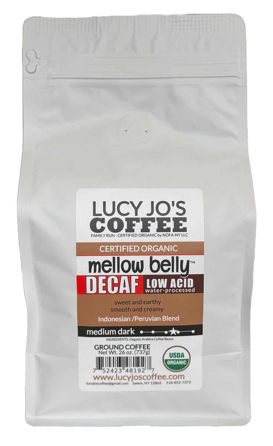 Lucy Jo's Coffee paquete frente mostrando sello orgánico y aroma equilibrado
