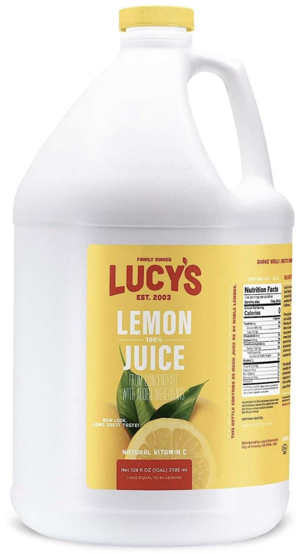 Lucy’s galón visto de frente con etiqueta clara y tamaño familiar
