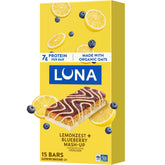 Luna Bar empaque frontal mostrando pack de 15 unidades y conveniencia