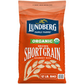 Lundberg bolsa frontal del arroz integral a granel mostrando etiqueta y beneficios