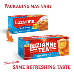 Luzianne primer plano de una bolsa de té, detalle de fibra y sello Rainforest Alliance visible