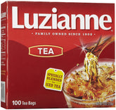 Luzianne caja frontal de 100 bolsitas mostrando contenido y conveniencia