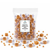 LYZA'S SWEETS & TREATS bolsa frontal mostrando discos butterscotch sin azúcar y conveniencia