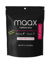 Maax Caffeinated Gum vista frontal del empaque mostrando 40 piezas y beneficio portátil