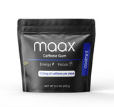 Maax Caffeinated Gum vista frontal del empaque mostrando 125 piezas y beneficio práctico