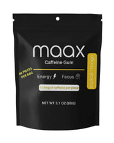 Maax Caffeinated Gum empaque frontal mostrando 40 piezas y beneficio portabilidad