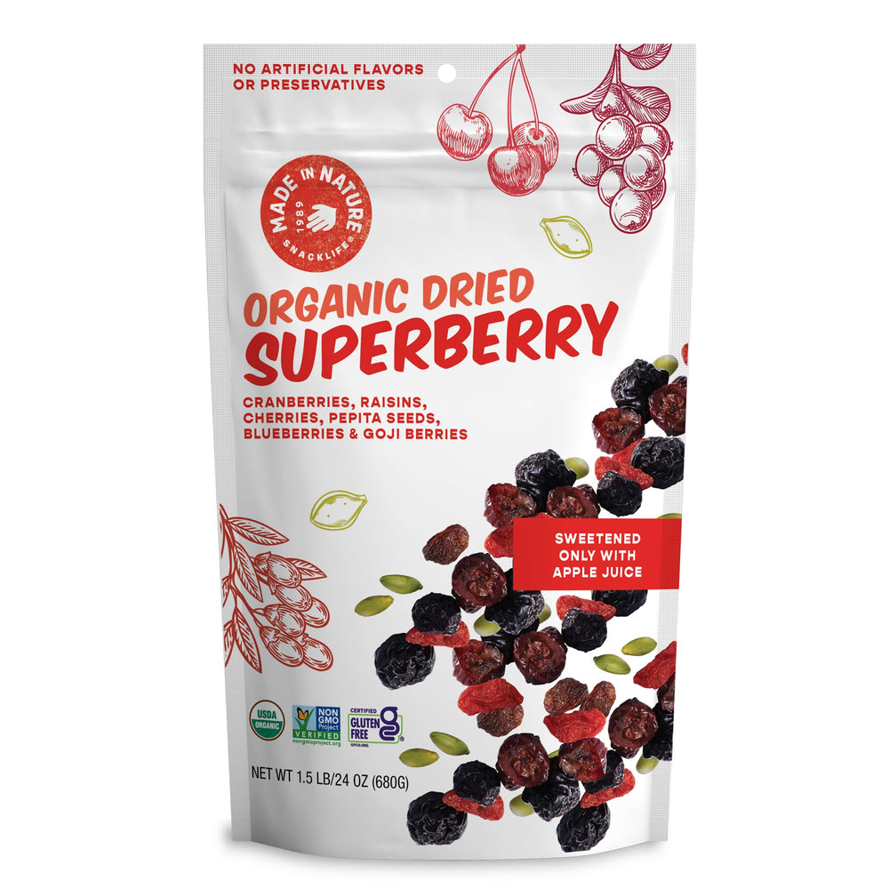 Made In Nature empaque frontal mostrando mezcla superberry y tamaño grande