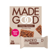 MadeGood caja frontal con Crispy Squares Chocolate Chip mostrando diseño y ventaja escolar