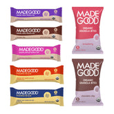 MadeGood vista frontal del pack variado mostrando todas las barras y bolsitas, ideal para loncheras