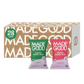 MadeGood vista frontal del paquete variado mostrando 28 mini sobres y beneficios