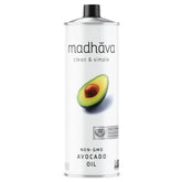 Madhava lata frontal del aceite de aguacate mostrando envase práctico