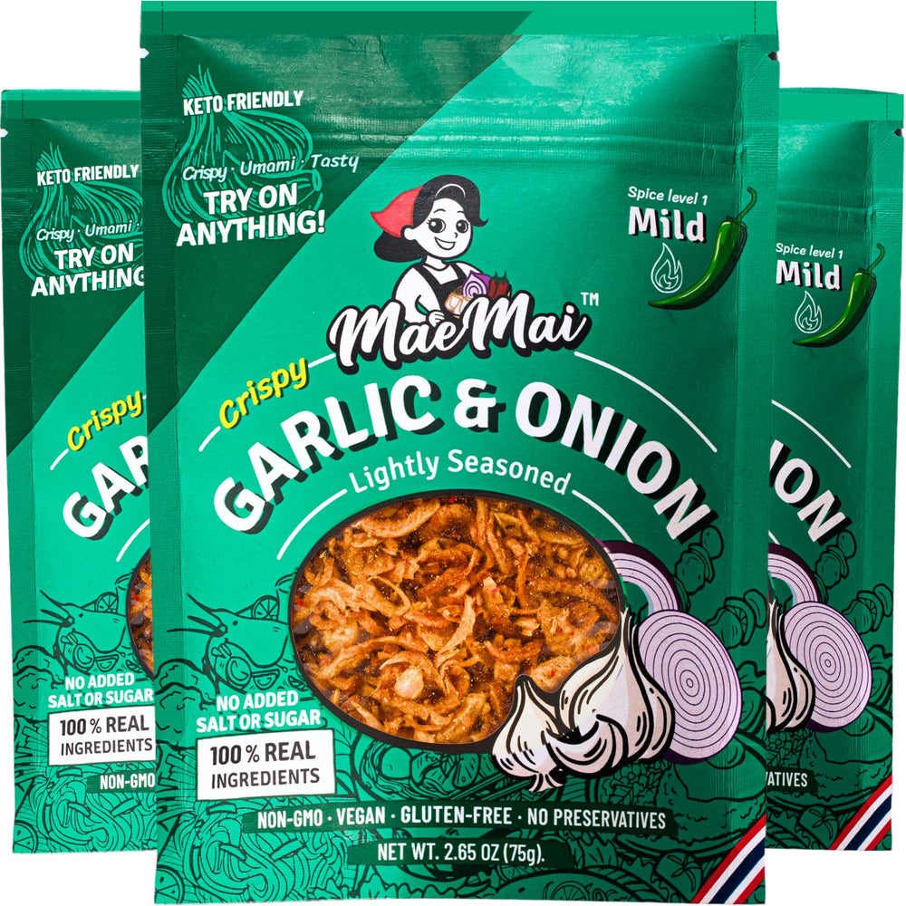 MaeMai envase frontal con crujientes de ajo y cebolla, muestra el producto y marca
