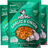MaeMai envase frontal con crujientes de ajo y cebolla, muestra el producto y marca