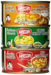 MAESRI envase frontal del set de pastas de curry mostrando etiquetas claras y variedad