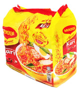 Maggi fideos curry frente del empaque mostrando pack de 5 y conveniencia
