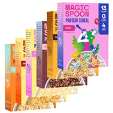 Magic Spoon paquete frontal mostrando 3 cajas y beneficios nutricionales