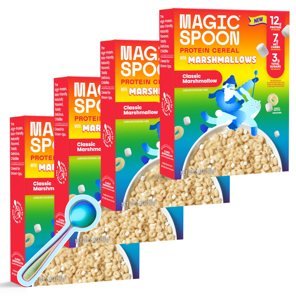 Magic Spoon vista frontal del empaque Classic Marshmallow que muestra el diseño y beneficios