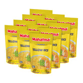 Mahatma empaque frontal de la bolsa de arroz amarillo mostrando el logo y beneficio de cocción rápida