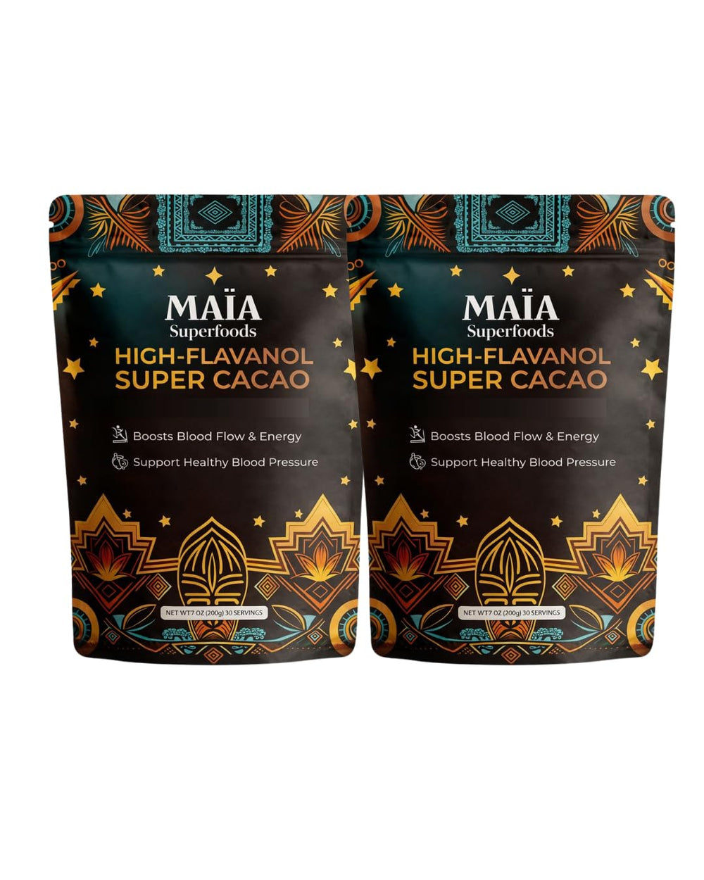Maïa Superfoods empaque frontal del cacao ceremonial, presentación clara y natural