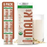 MALK envase delantero mostrando leche de avena orgánica y beneficio de limpieza