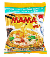 MAMA paquete delantero sabor Cerdo mostrando diseño y porciones, conveniencia inmediata