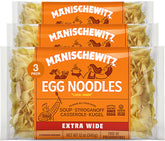 Manischewitz frente del paquete de fideos extra anchos mostrando sello y beneficios