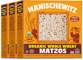 Manischewitz paquete frontal de matzos integrales orgánicos mostrando etiqueta y tamaño práctico